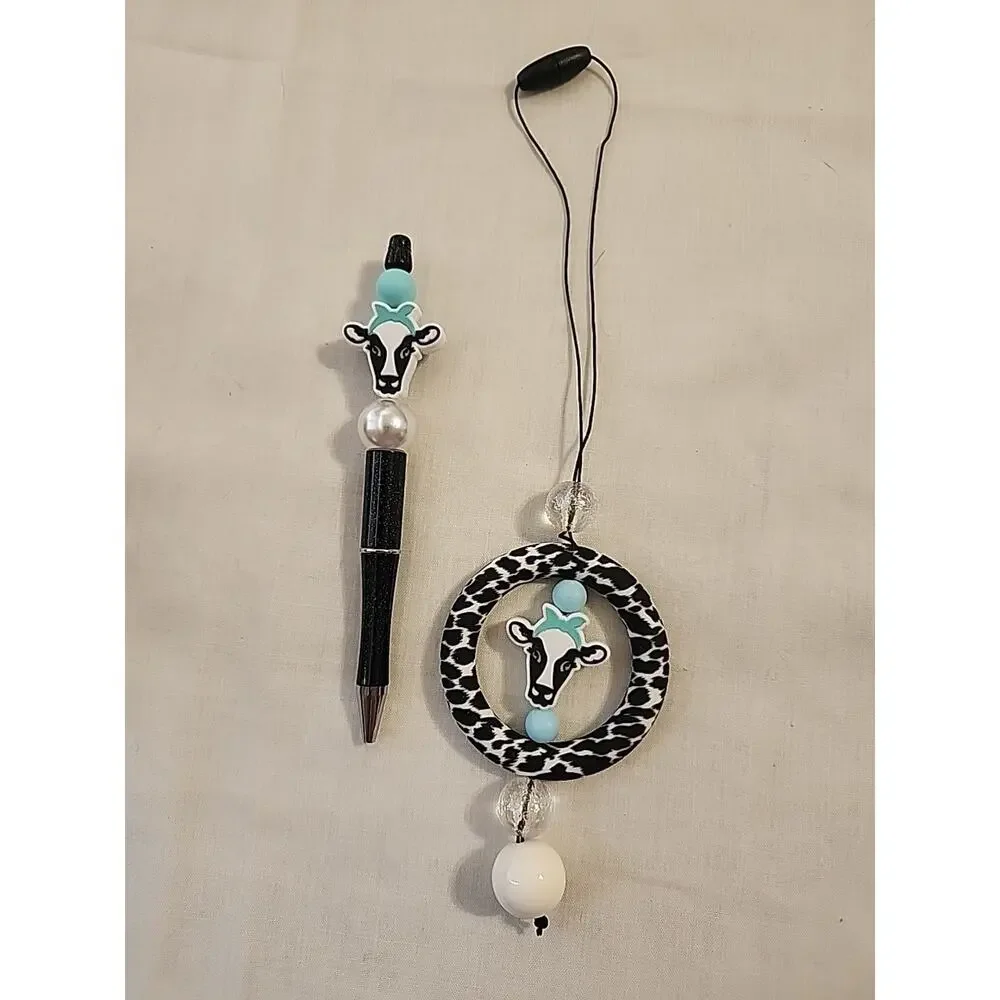 Car Charm For Rear View & Bed Pen Combo Cow Print Black & White Blue